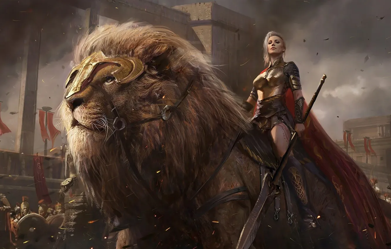 Photo wallpaper fantasy, lion, army, warrior, female