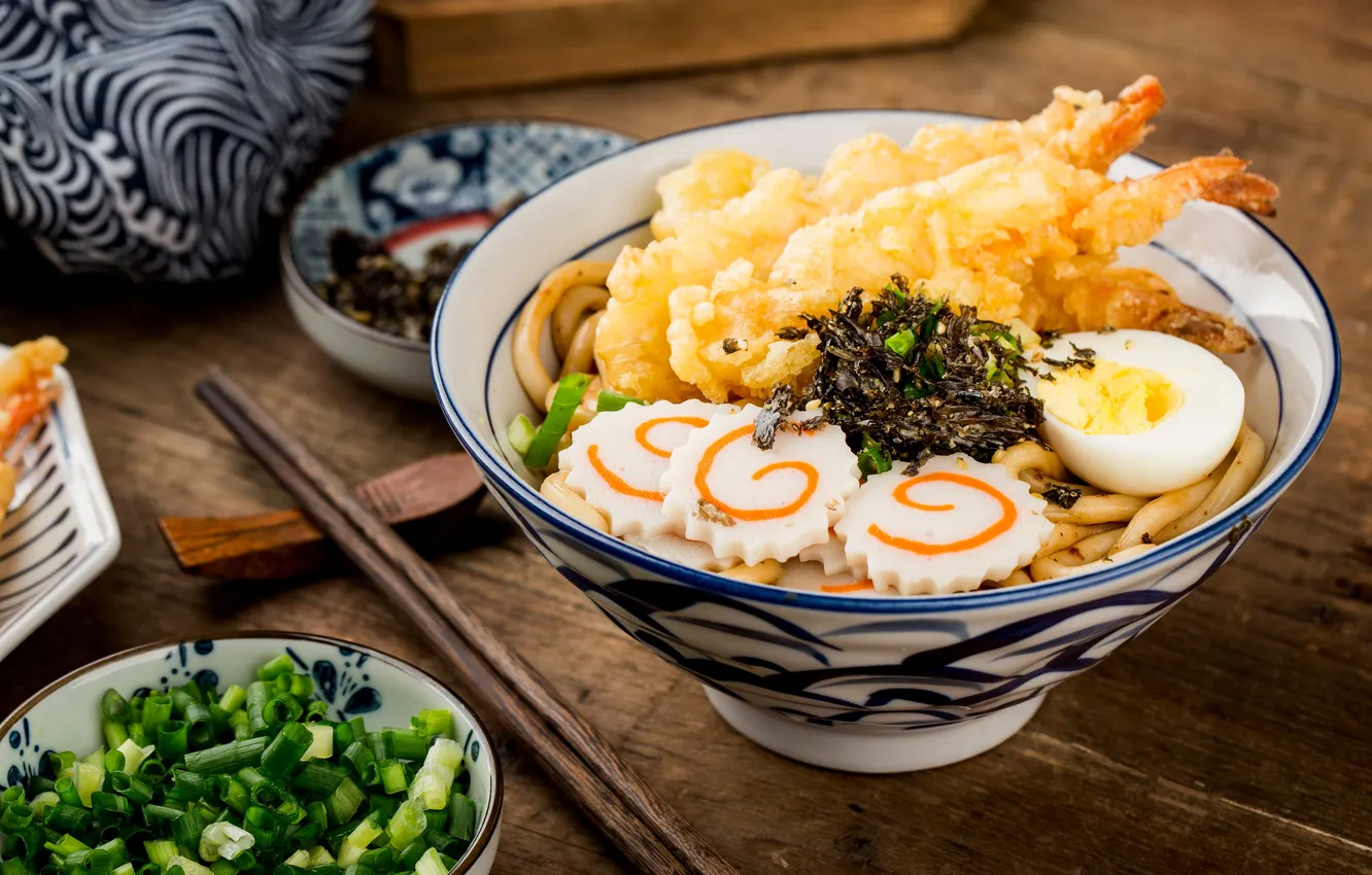 Photo wallpaper shrimp, fried, bowl, chopsticks, noodles, seaweed, Culture, prawn