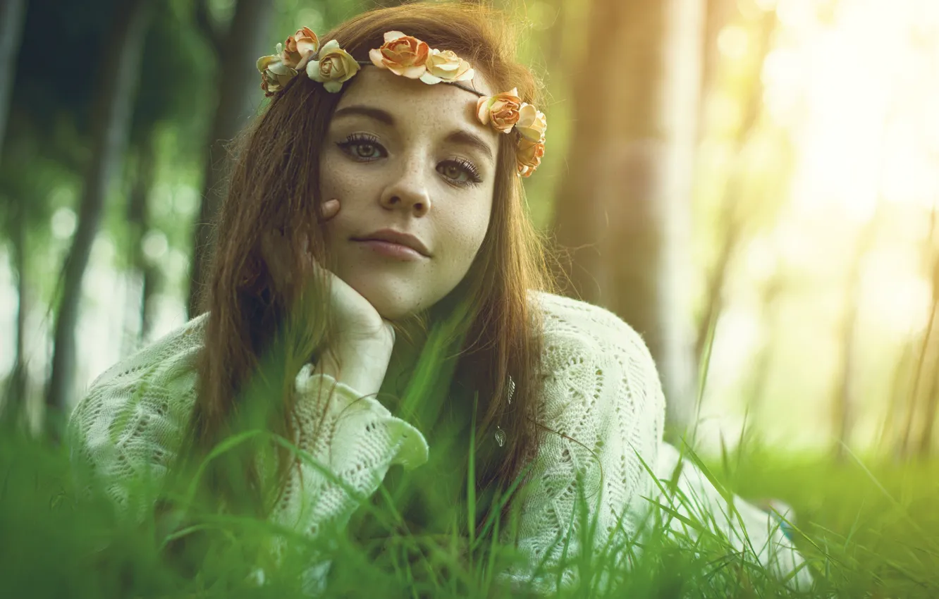 Photo wallpaper forest, grass, eyes, look, girl, light, flowers, nature