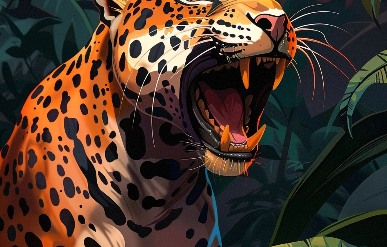 Photo wallpaper Leaves, Jaguar, Mouth, Fangs, Face, Predator, Art, Front
