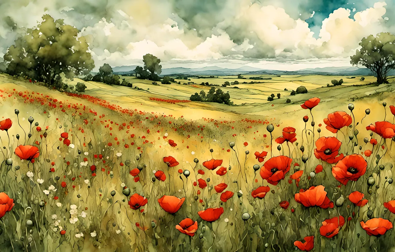 Photo wallpaper summer, clouds, trees, landscape, flowers, red, nature, hills
