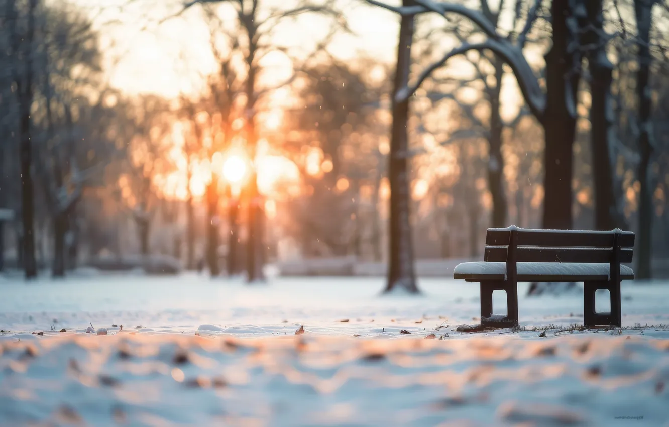 Photo wallpaper winter, the sun, rays, light, snow, trees, bench, branches
