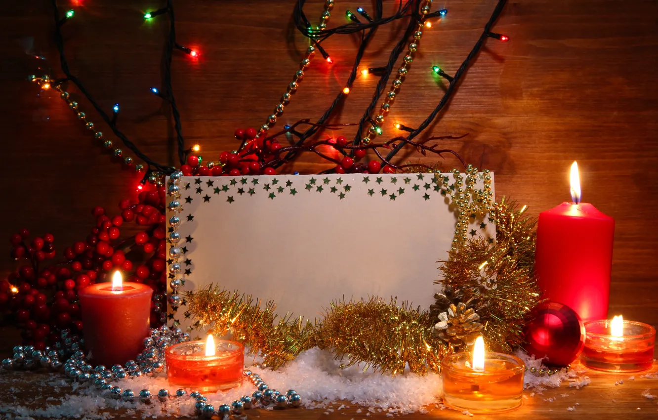 Photo wallpaper berries, candles, twilight, garland, tinsel, card, Christmas decorations, artificial snow