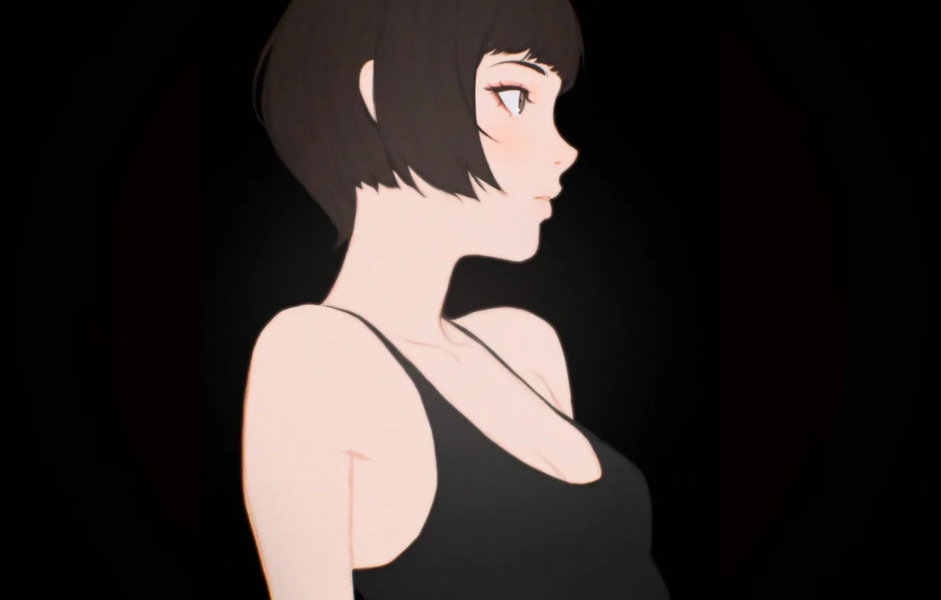 Photo wallpaper haircut, Mike, neckline, black background, shoulders, in profile, portrait of a girl, Kuvshinov Ilya