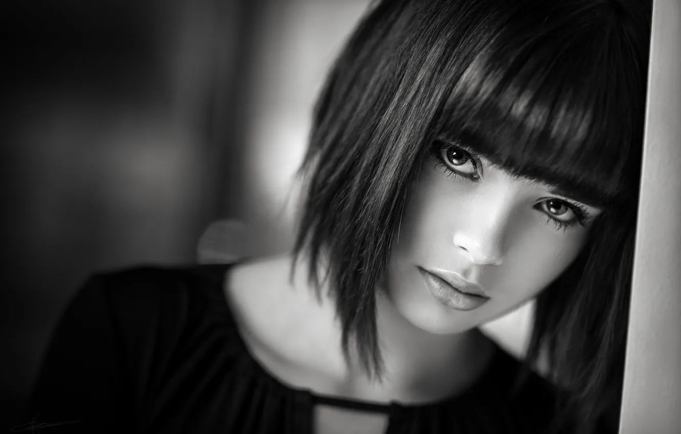 Photo wallpaper look, model, portrait, makeup, hairstyle, black and white, beauty, bokeh