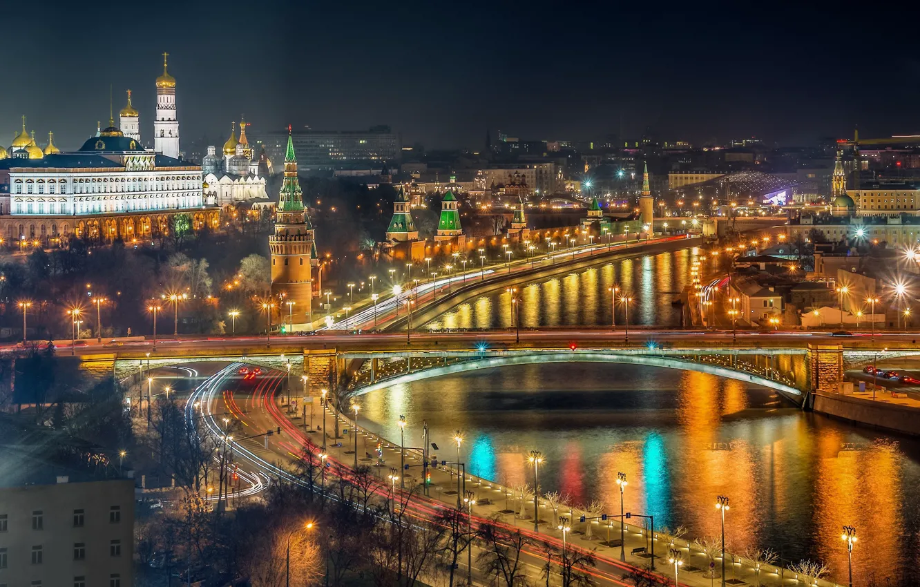 Photo wallpaper road, bridge, river, lights, Moscow, The Kremlin, Russia, night city
