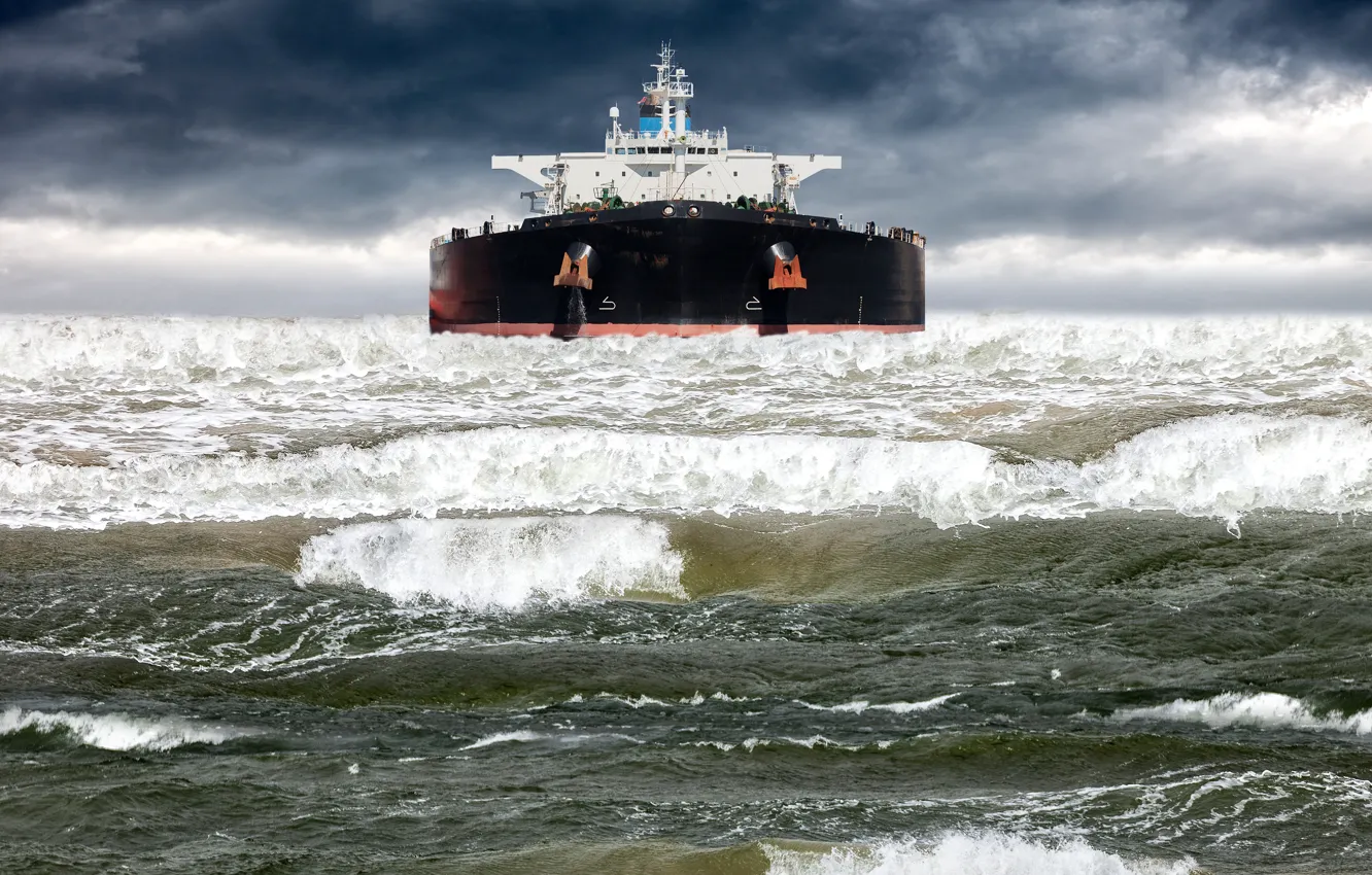 Photo wallpaper sea, wave, the sky, clouds, ship, tanker, storm