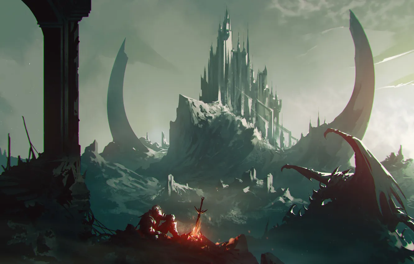 Photo wallpaper castle, fiction, dragon, the fire, knight, night, art, dragon