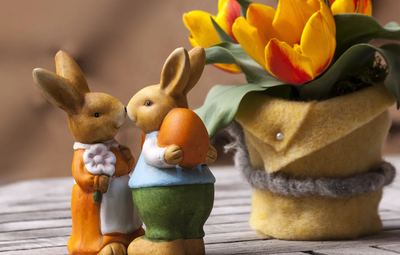 Photo wallpaper flowers, holiday, Board, Easter, pair, tulips, rabbits, figures