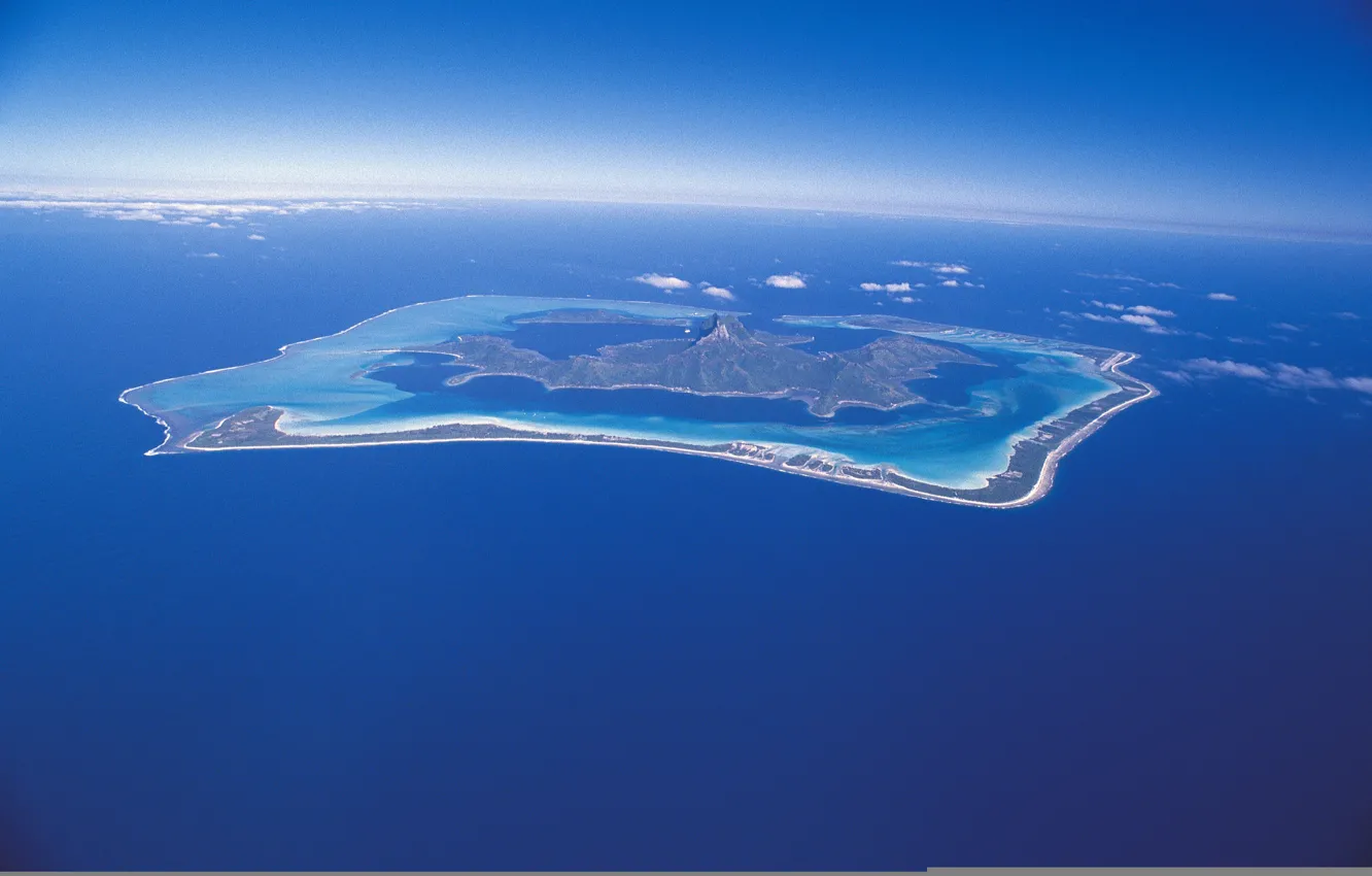 Photo wallpaper sea, the sky, flight, mountains, Wallpaper, island, horizon