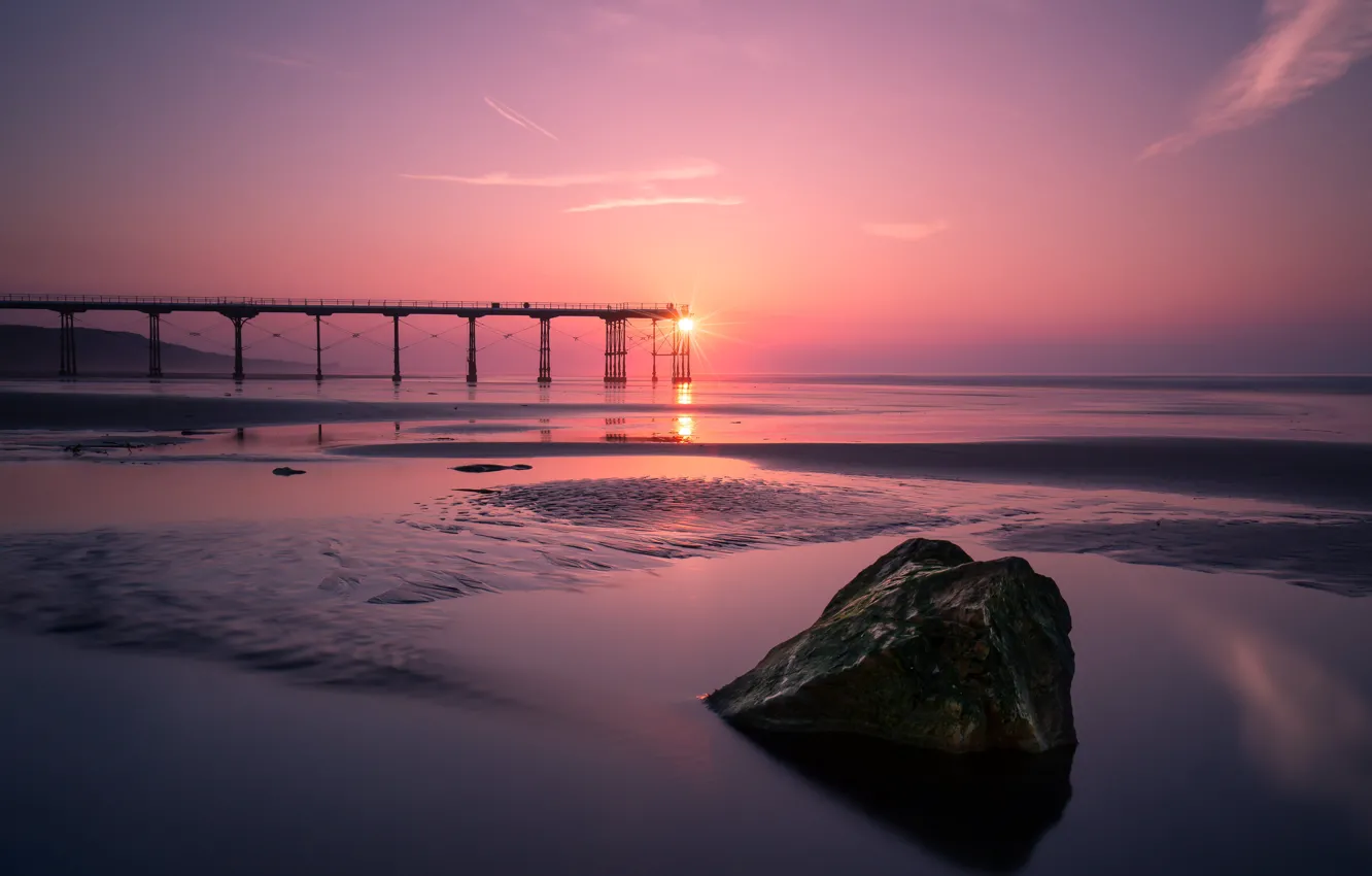 Photo wallpaper sea, sunset, bridge, stone, England, England, North sea, North Sea