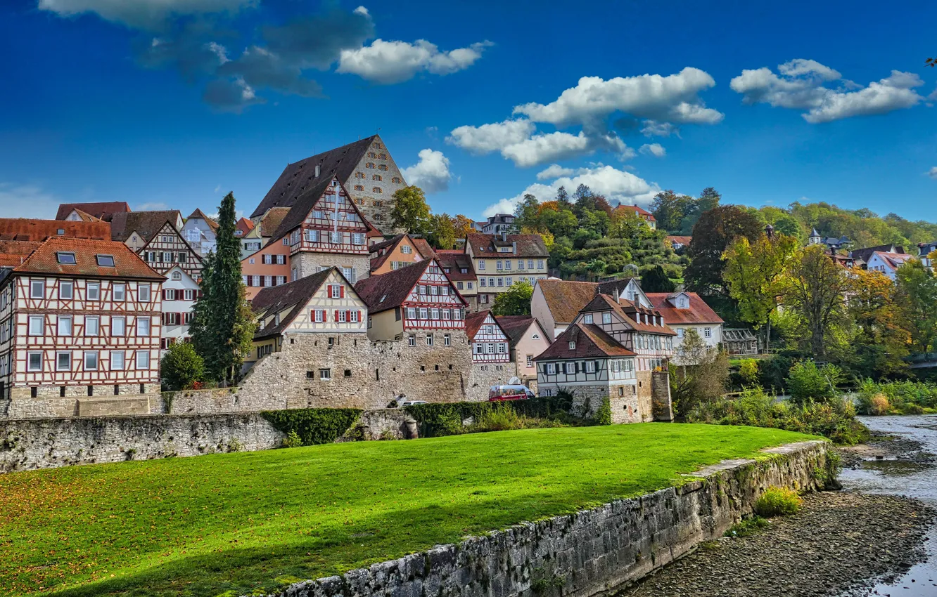 Photo wallpaper river, building, home, Germany, promenade, Germany, old town, Schwäbisch Hall