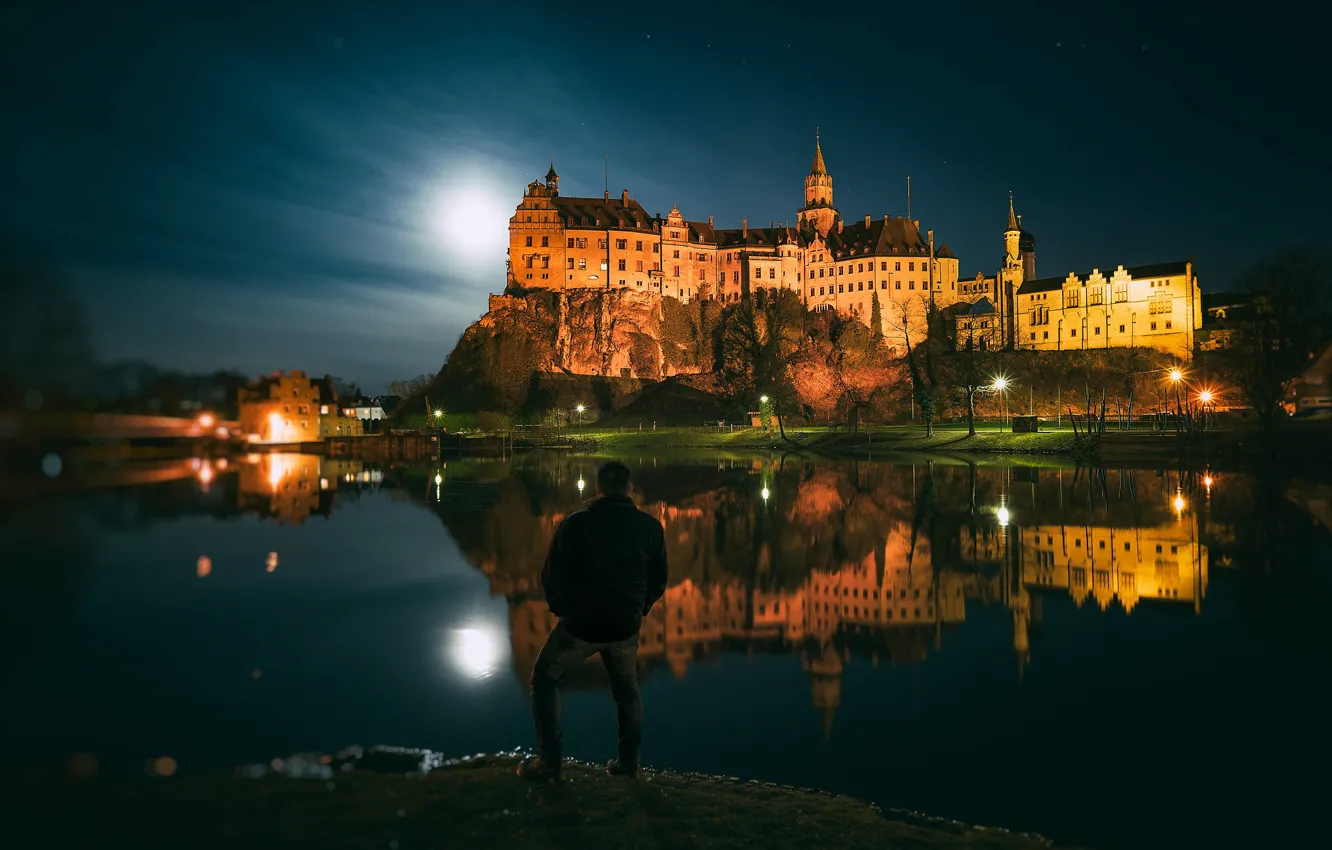 Photo wallpaper night, reflection, river, castle, people, Germany, Germany, Baden-Württemberg