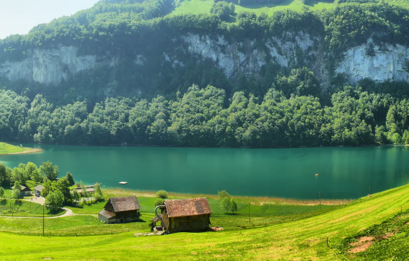 Photo wallpaper grass, mountains, river, glade, Switzerland, houses, Switzerland, trees.