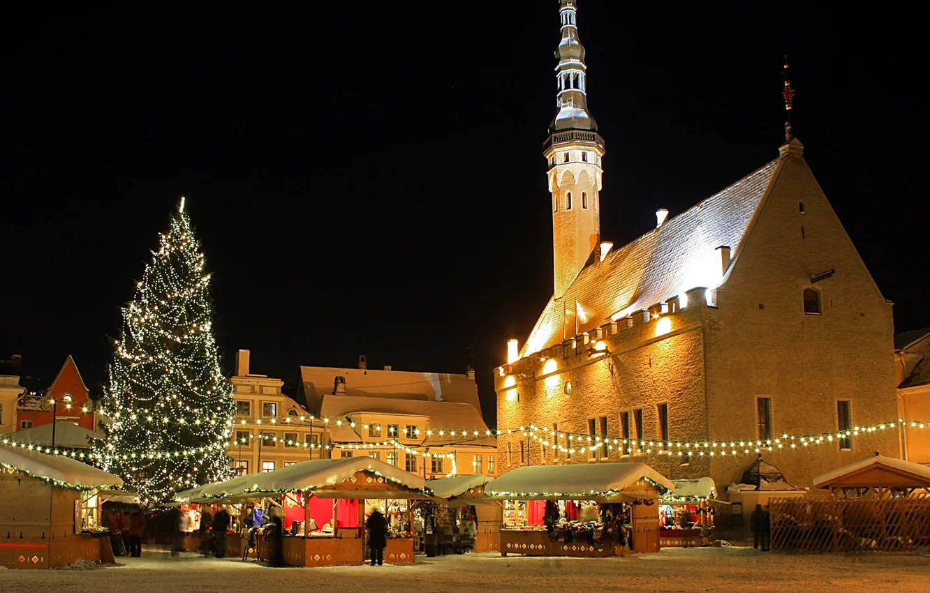 Photo wallpaper lights, tree, home, Christmas, Estonia, Tallinn, Tallinn, market