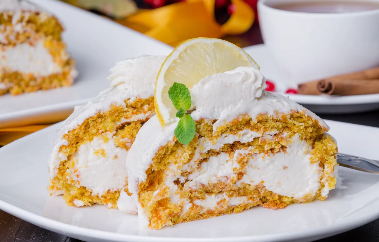 Photo wallpaper lemon, tea, cream, cakes