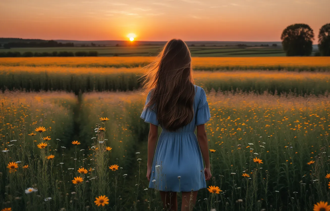 Photo wallpaper field, the sun, landscape, sunset, flowers, woman, field, landscape