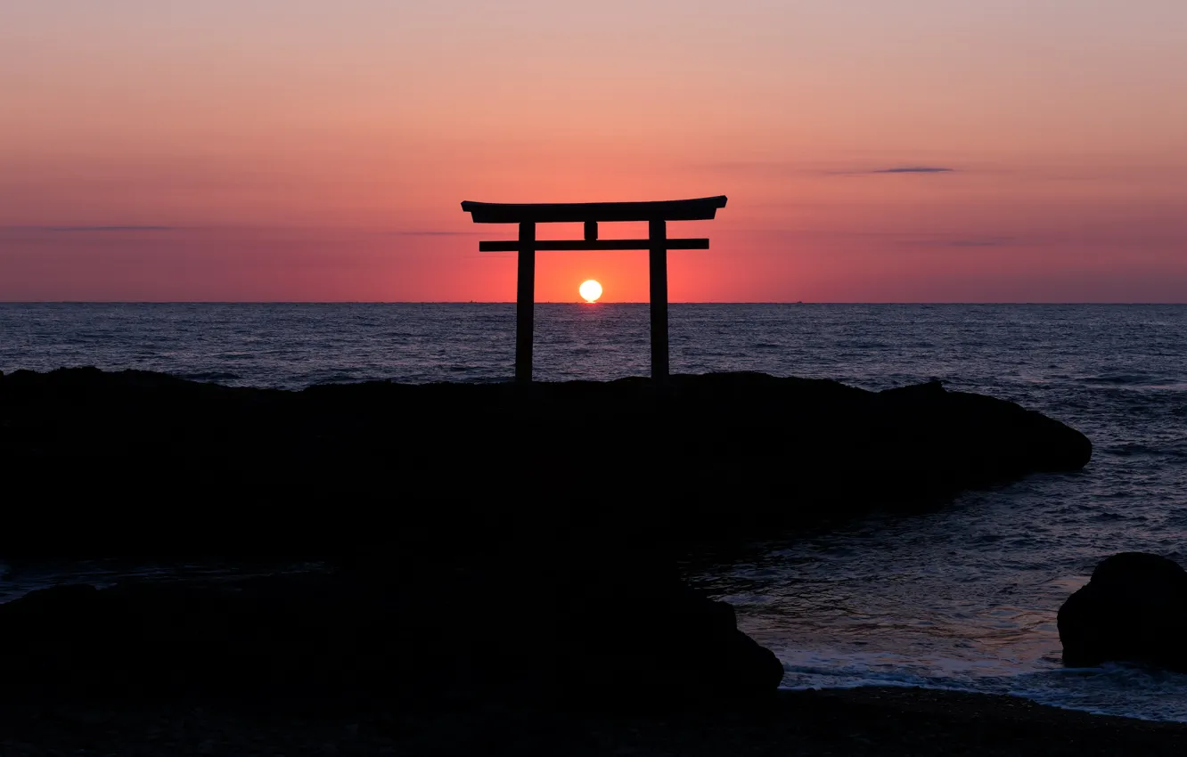 Photo wallpaper the sky, the sun, sunset, the ocean, rocks, coast, the evening, Japan