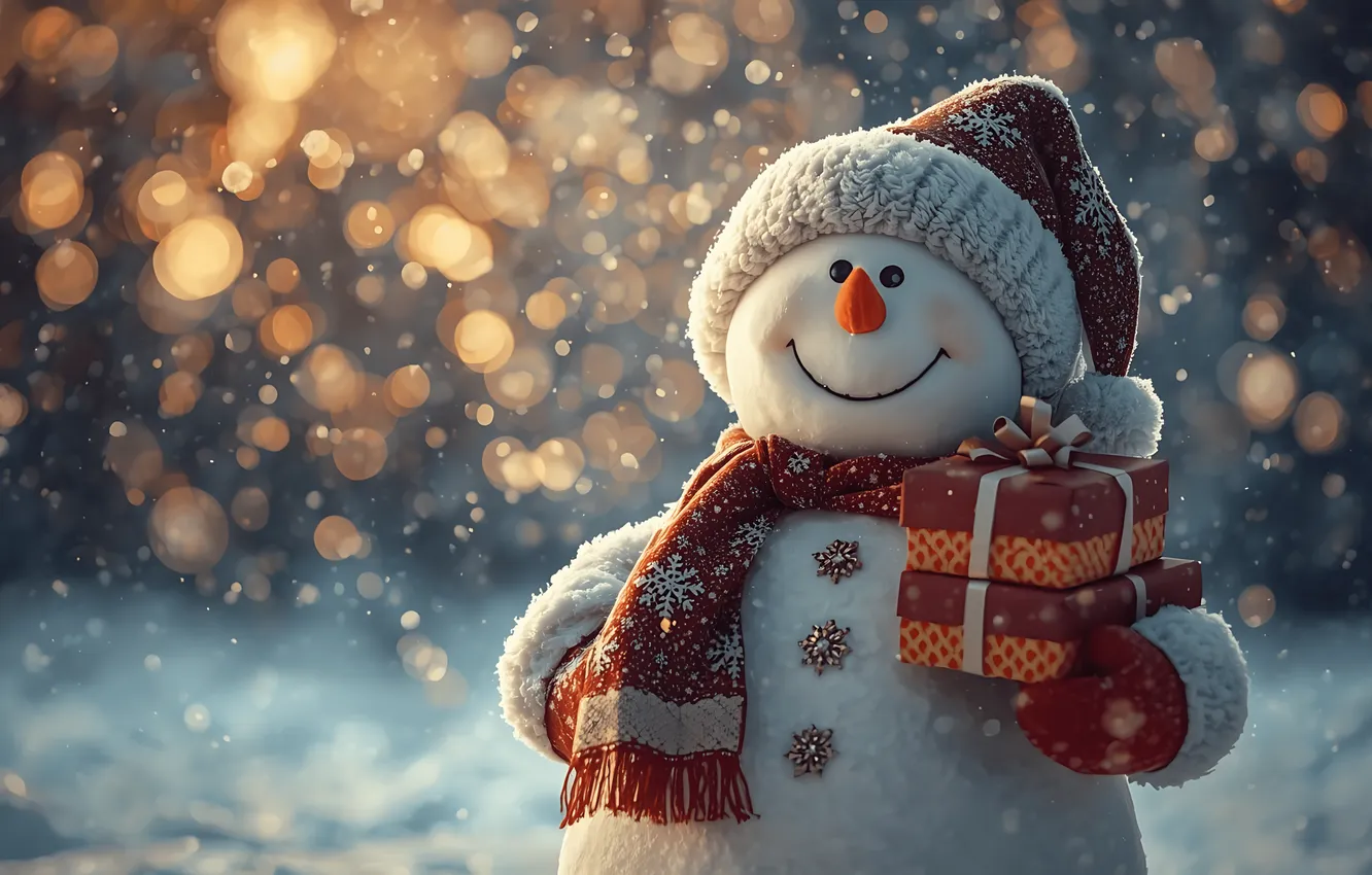 Photo wallpaper winter, snow, Christmas, snowman, holidays, winter, snow, cute