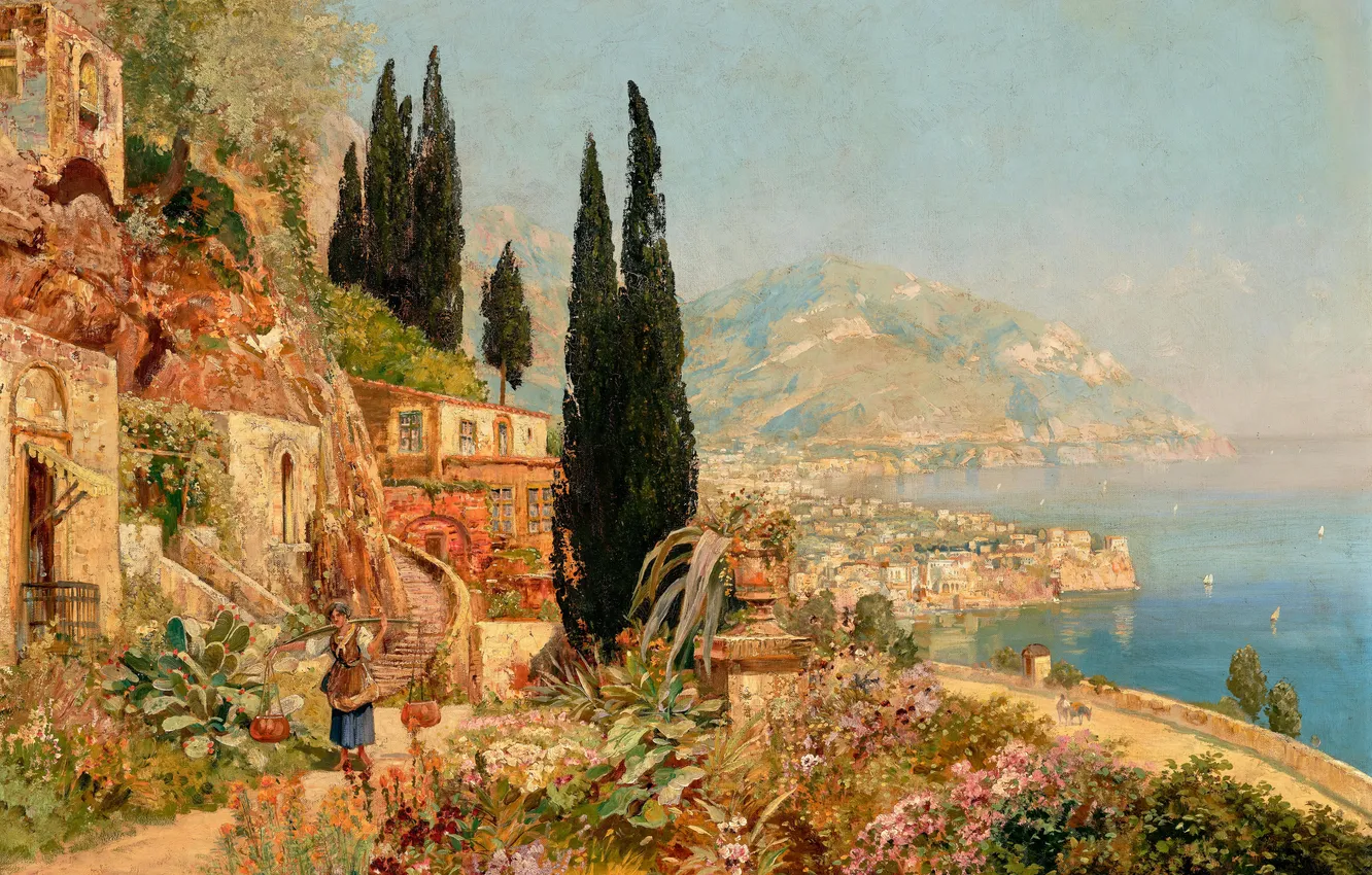Photo wallpaper girl, trees, coast, home, picture, Alois Arnegger, Austrian painter, Alois Arnegger