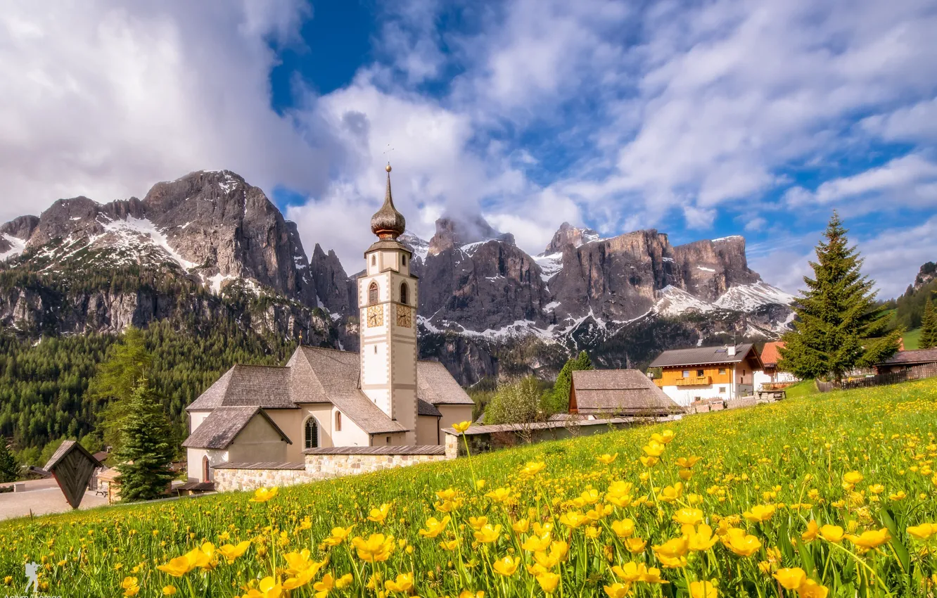 Photo wallpaper grass, clouds, flowers, mountains, Alps, Church