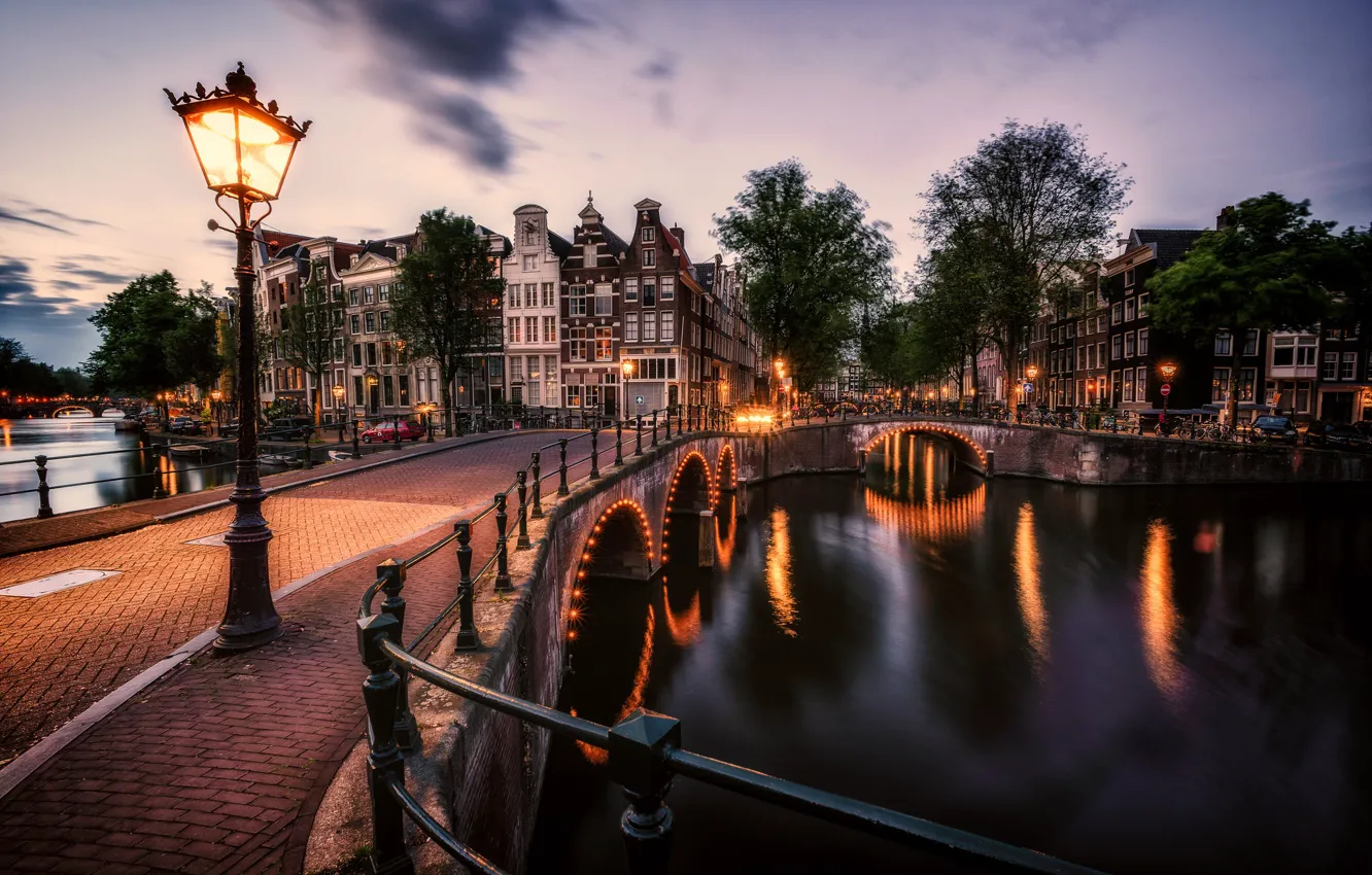 Photo wallpaper bridge, lights, building, home, the evening, Amsterdam, lantern, channel