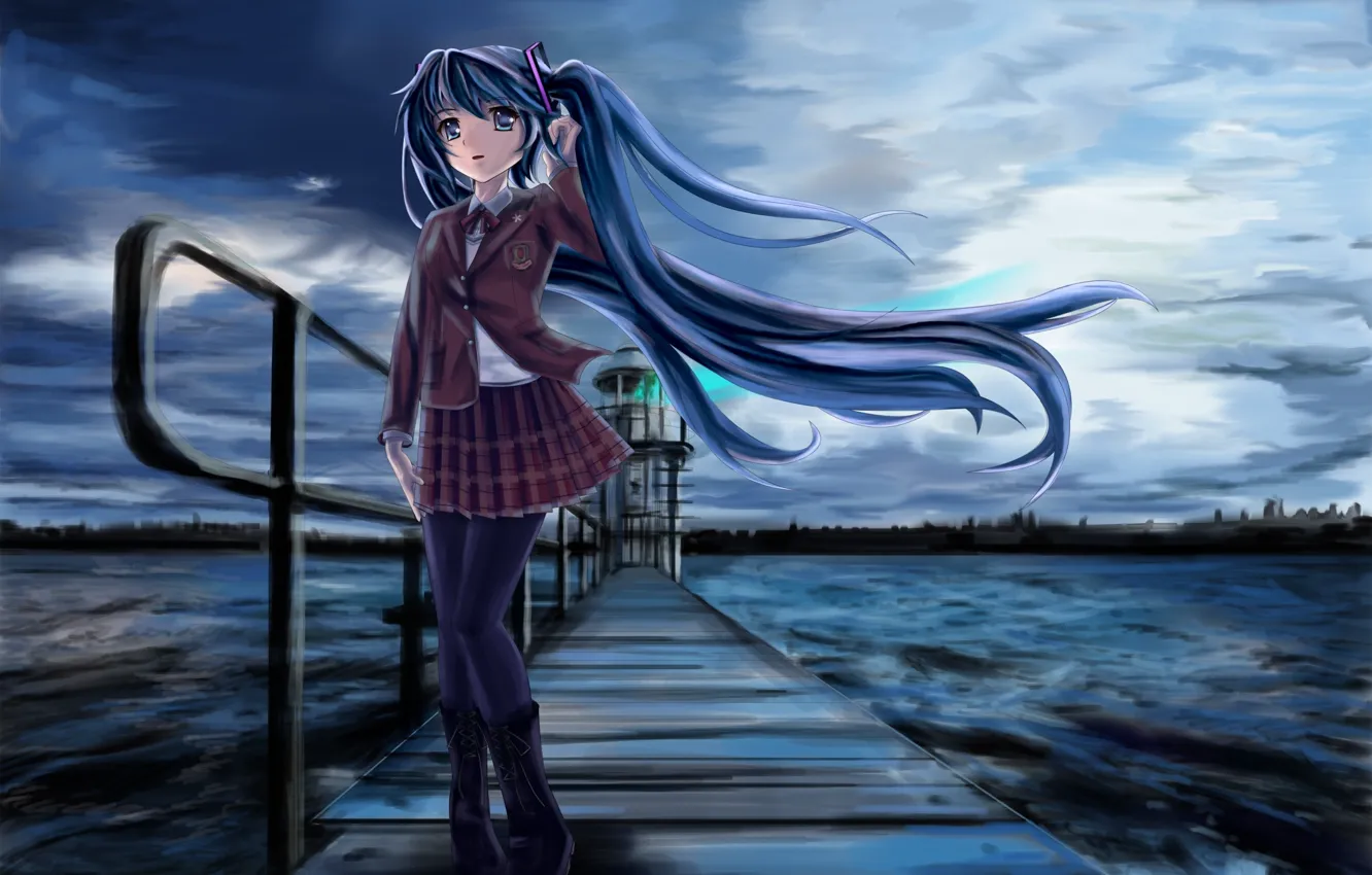 Photo wallpaper cold, sea, girl, bridge, the darkness, lighthouse, vocaloid, hatsune miku