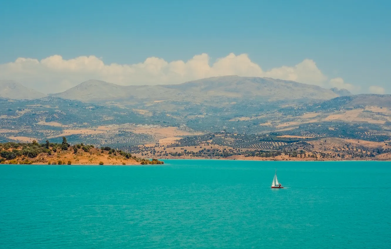 Photo wallpaper sea, the sky, clouds, mountains, boat, island, sail