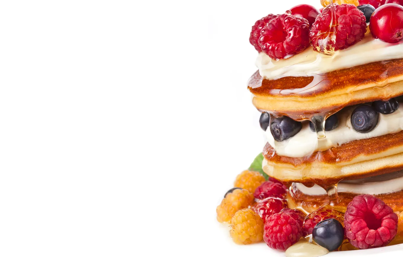 Photo wallpaper berries, raspberry, blueberries, syrup, pancakes, appetizing, pancakes