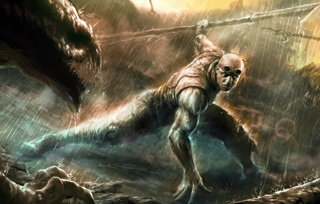 Photo wallpaper weapons, rain, fight, creature, Riddick