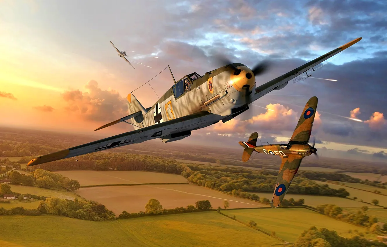 Photo wallpaper Messerschmitt, Bf-109, 1940, WWII, Hawker Hurricane Mk.I, Bf.109E-4, 9./JG54