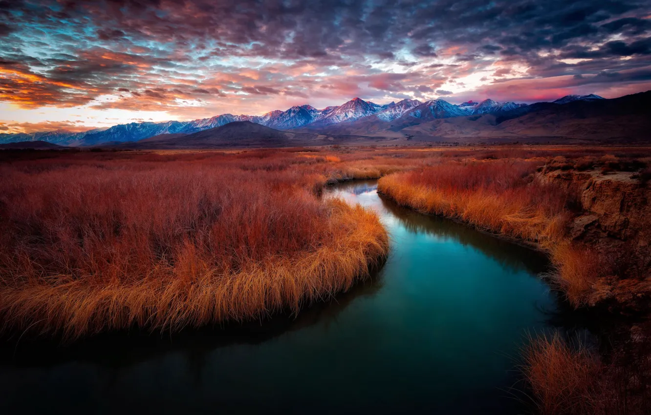 Photo wallpaper mountains, river, dawn, california, sunrise, Owens River, Owens River Valley, Mt. Whitney