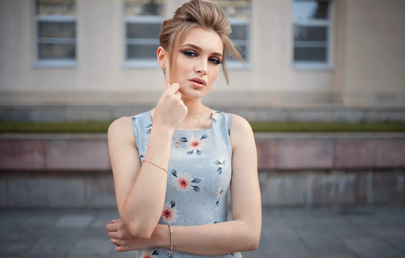 Photo wallpaper look, girl, street, hair, building, dress, bracelet, girl