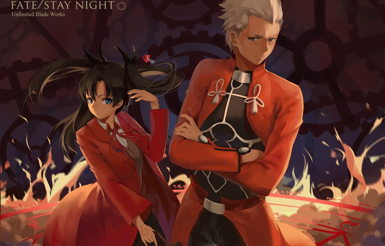 Photo wallpaper girl, guy, coat, Rin, Archer, Fate stay night, Fate / Stay Night