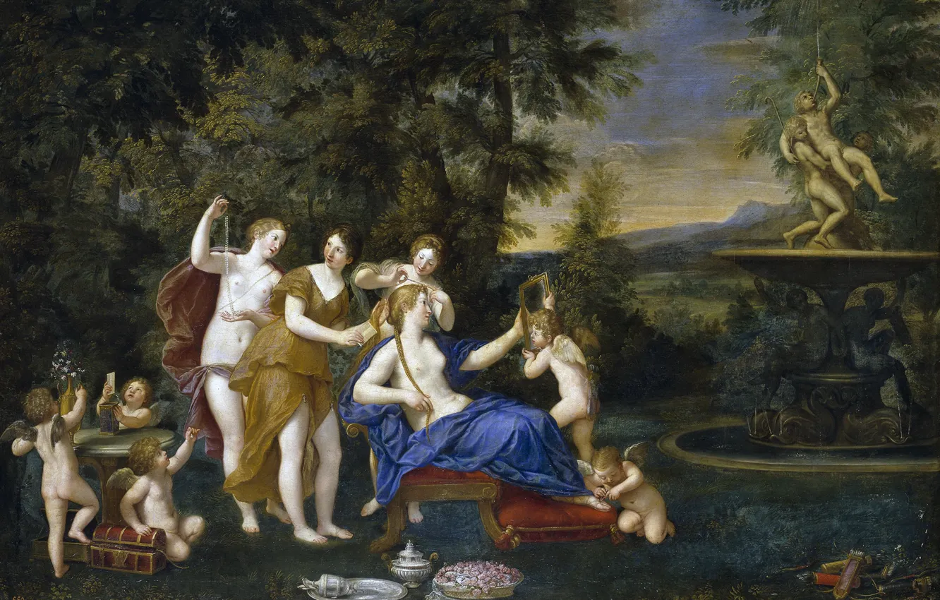 Photo wallpaper trees, picture, fountain, genre, Francesco Albani, Venus in the Presence of Nymphs and Cupids