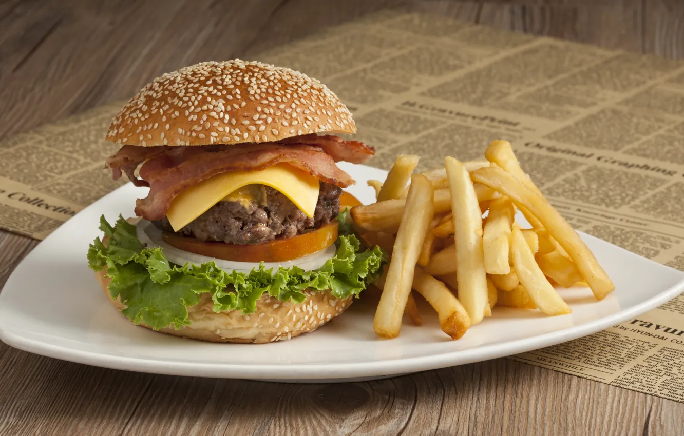 Photo wallpaper meat, hamburger, bun, salad, French fries
