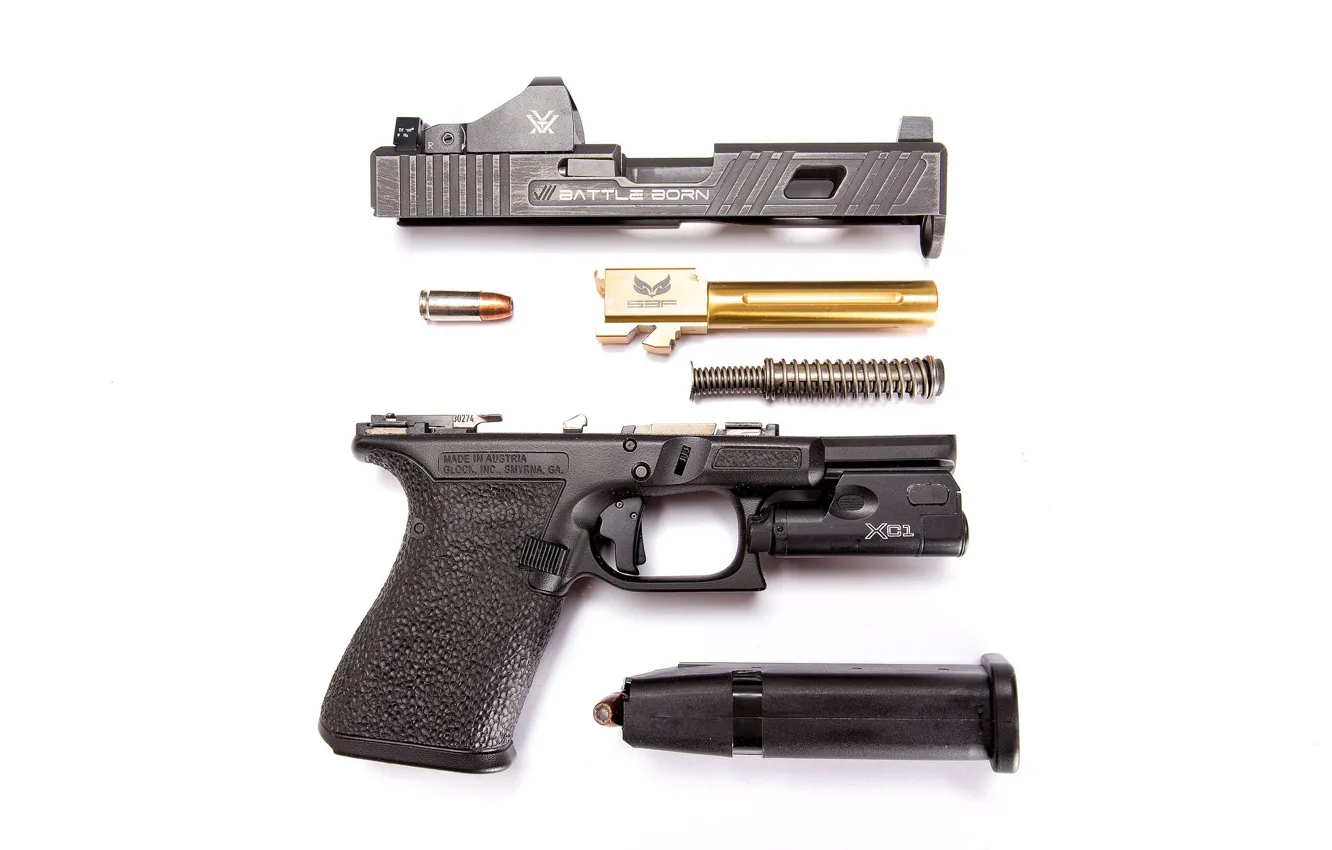 Photo wallpaper gun, details, Glock, disassembled