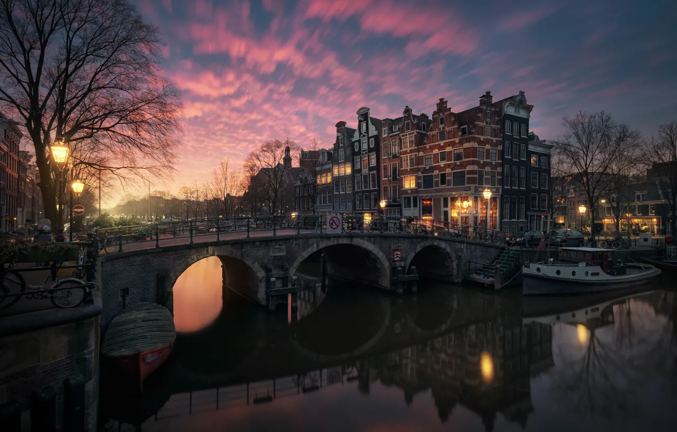 Photo wallpaper light, the city, lights, the evening, morning, Amsterdam, channel