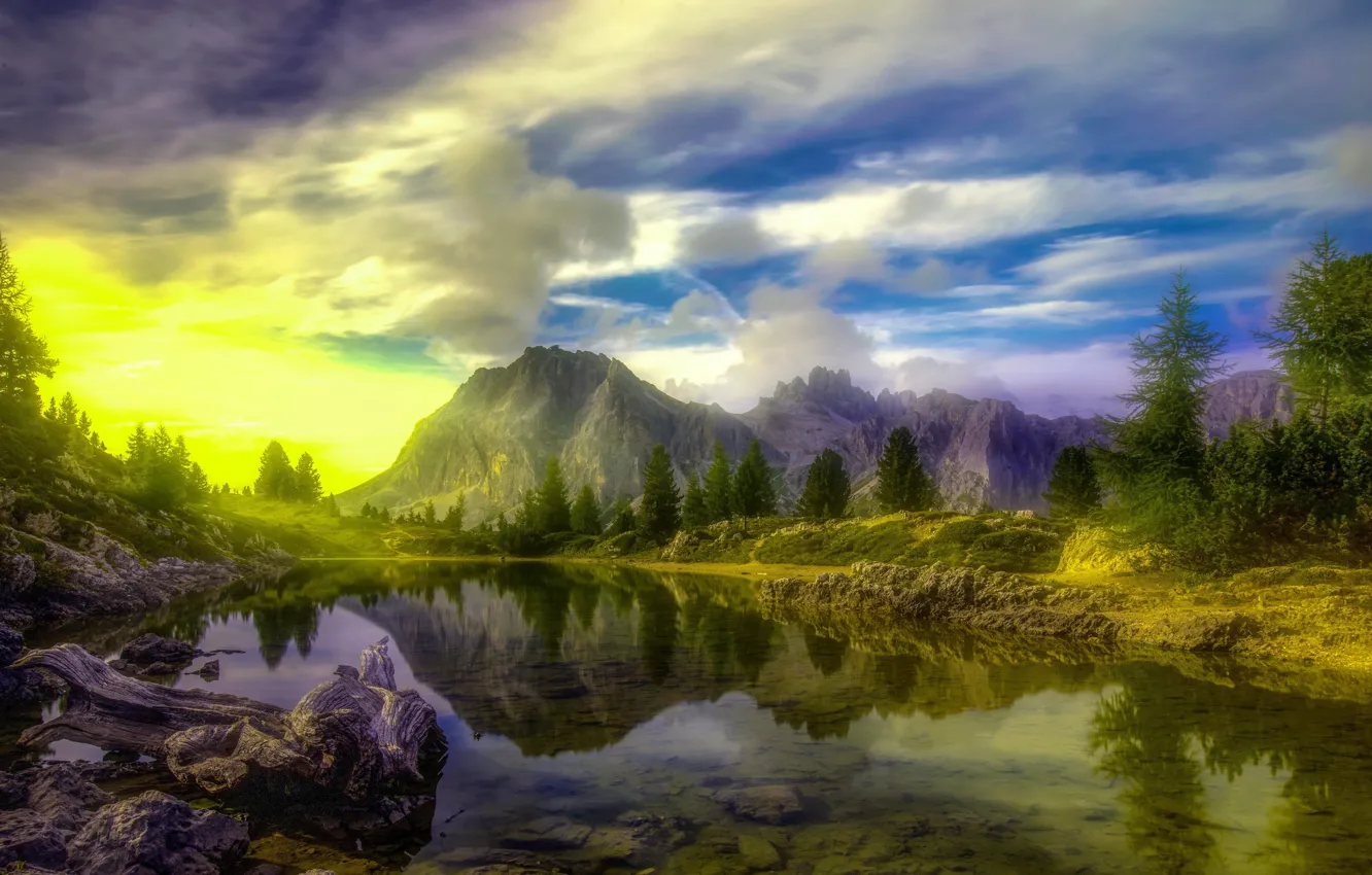 Photo wallpaper the sky, mountains, lake, paint