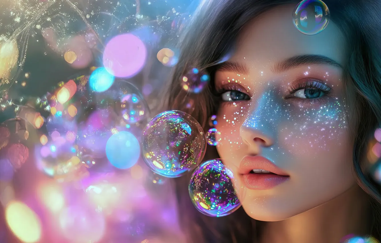 Photo wallpaper look, girl, light, face, Shine, bubbles, AI art, neural network