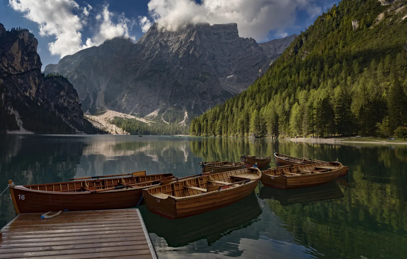 Photo wallpaper forest, mountains, lake, Marina, boats, Italy, Italy, The Dolomites