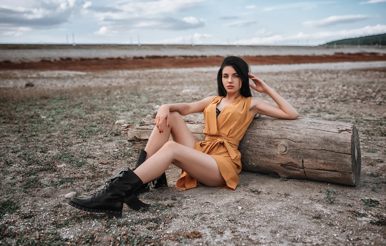 Photo wallpaper look, landscape, sexy, pose, model, portrait, boots, makeup