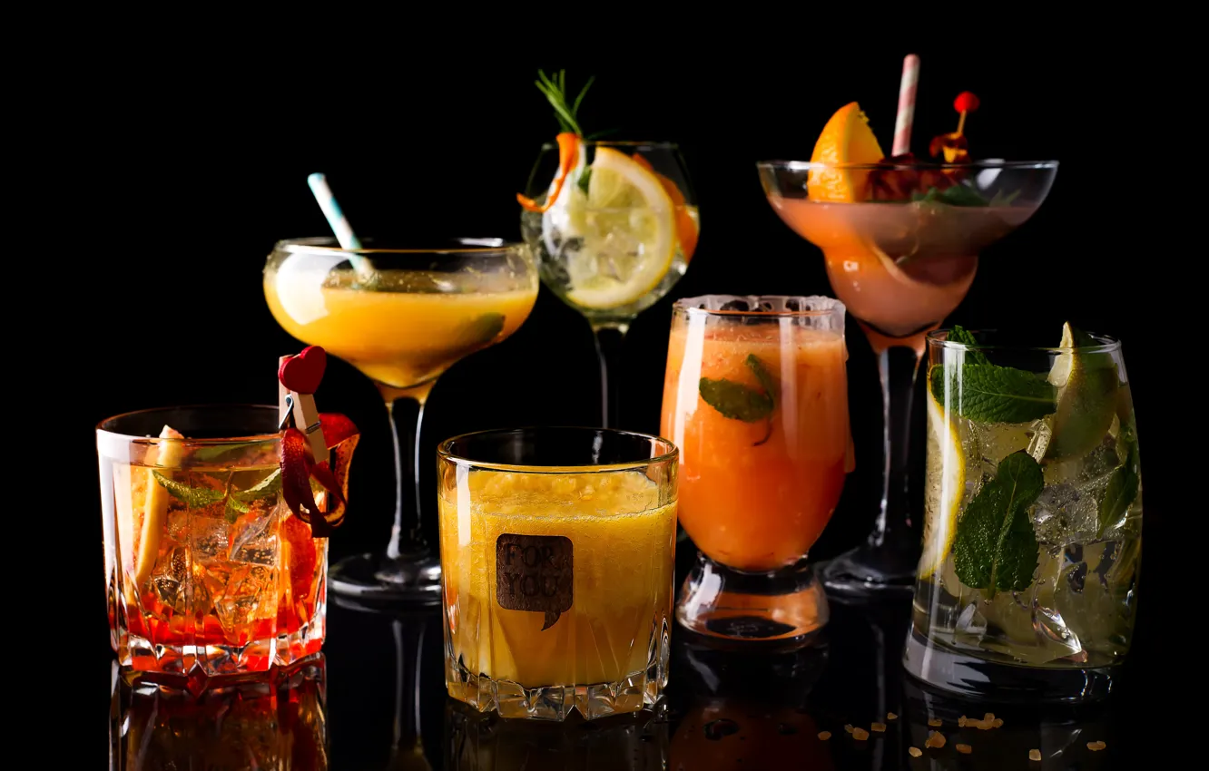Photo wallpaper ice, lemon, orange, Cocktail, glasses, juice, drinks, slices