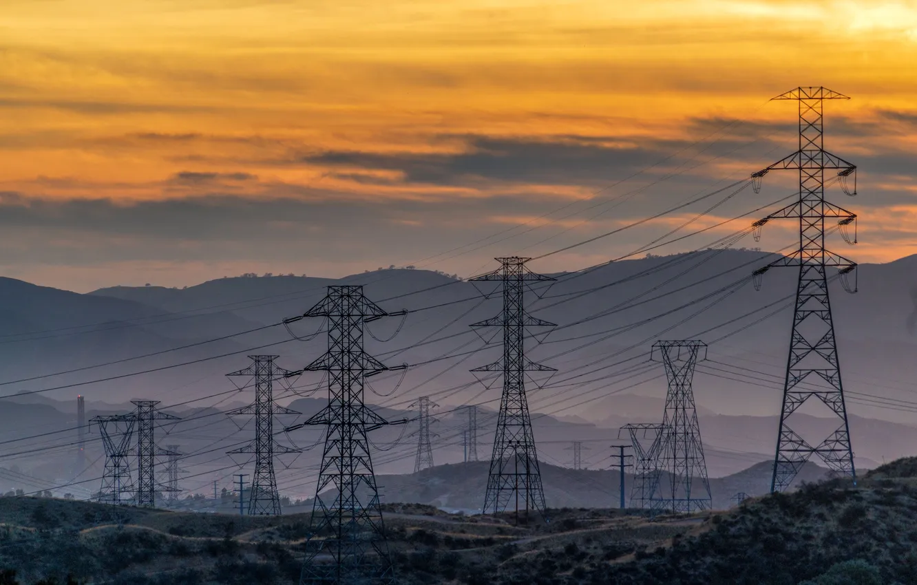 Photo wallpaper the sky, clouds, landscape, sunset, mountains, nature, wire, horizon