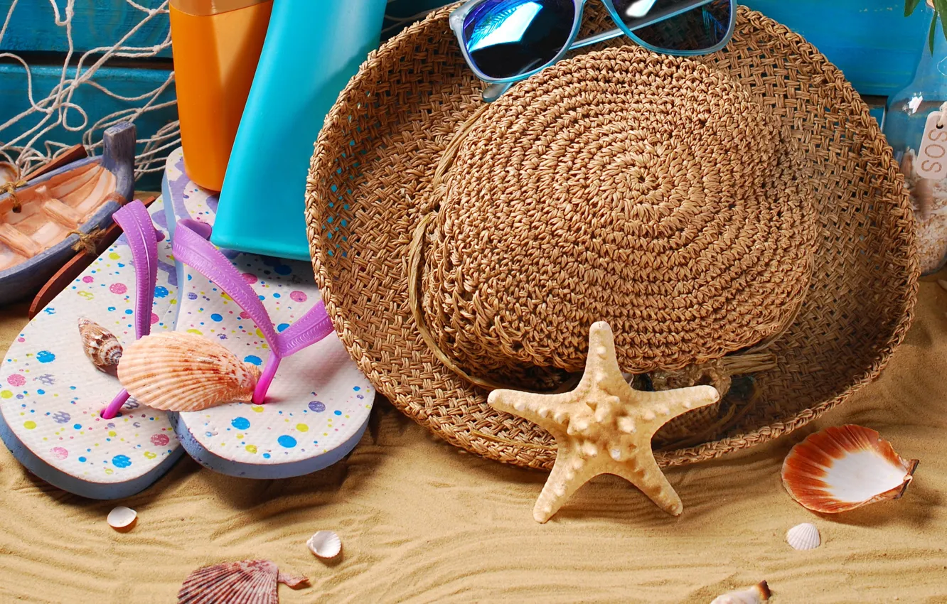 Photo wallpaper sand, beach, summer, stay, hat, glasses, shell, summer