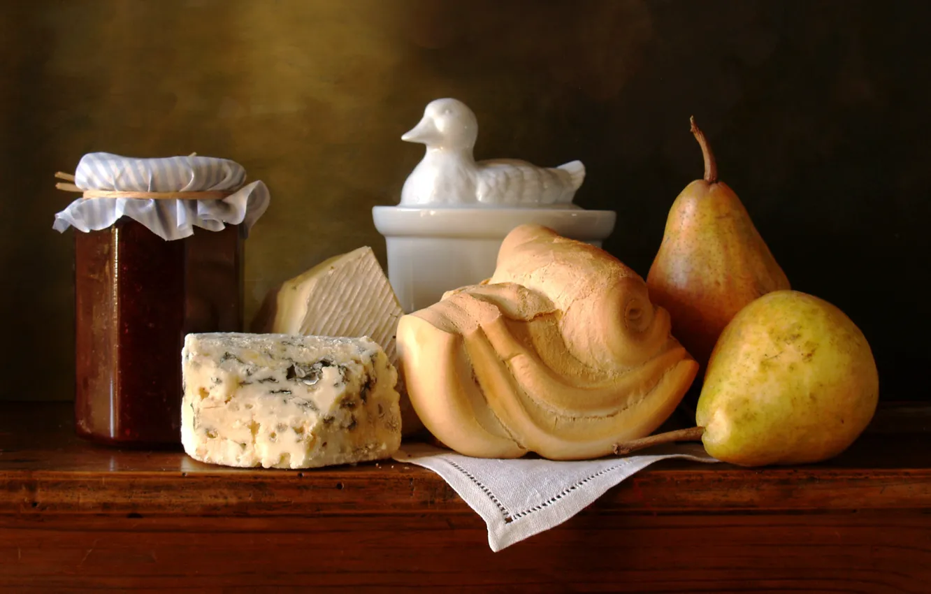 Photo wallpaper cheese, still life, pear, jam