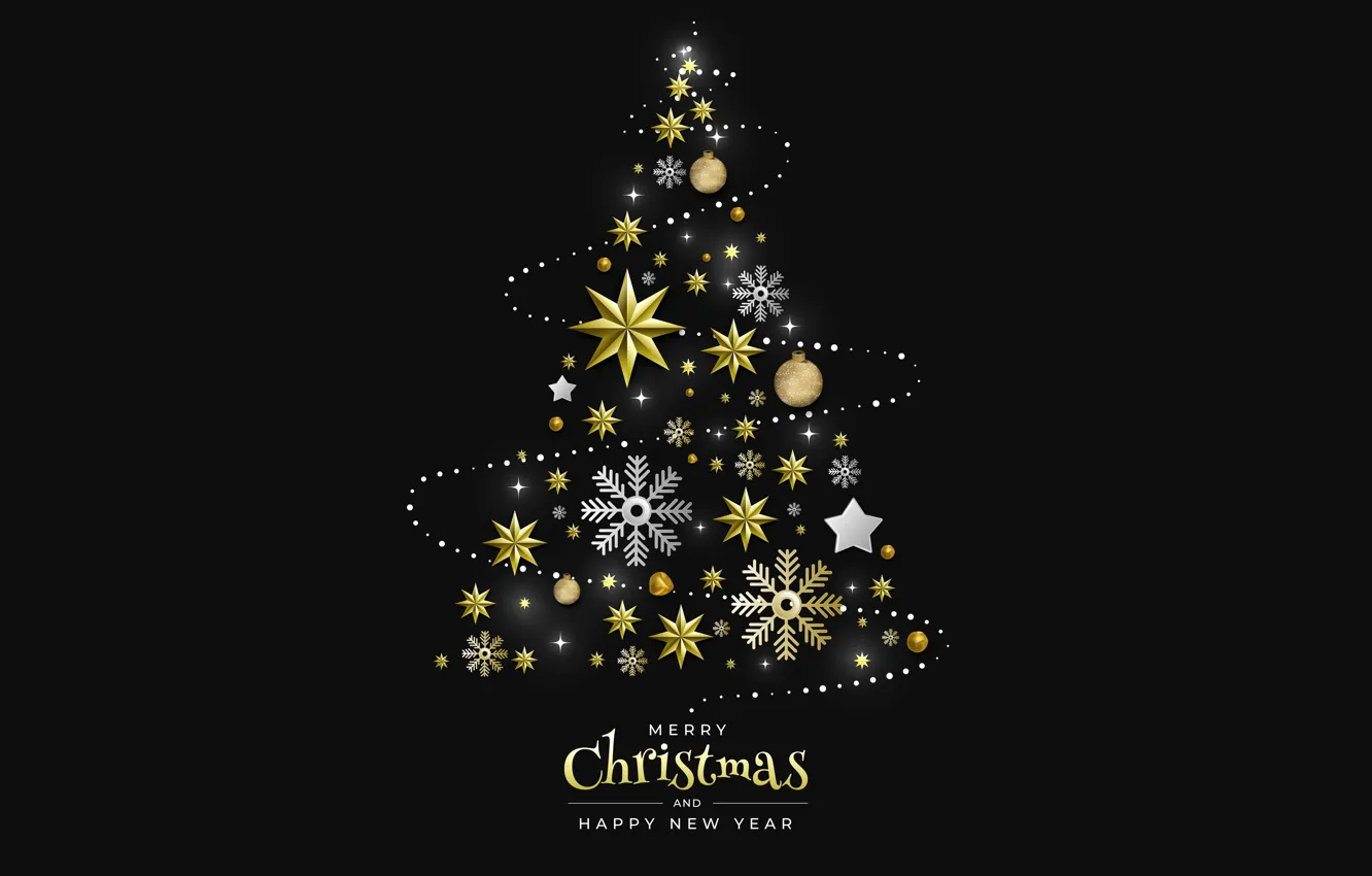 Photo wallpaper decoration, snowflakes, balls, tree, Christmas, New year, golden, christmas