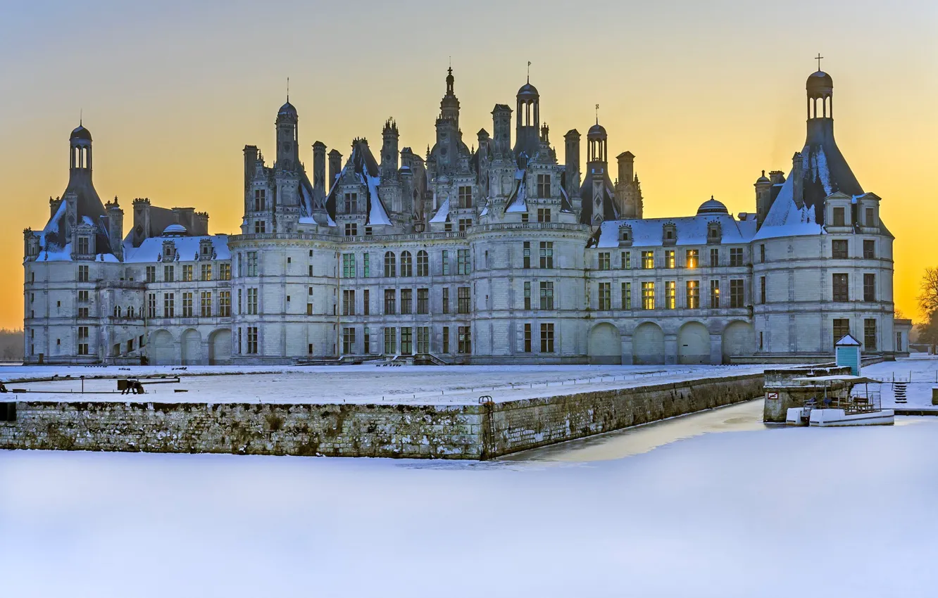 Photo wallpaper winter, snow, castle, glow, Loir-et-cher, Chambord