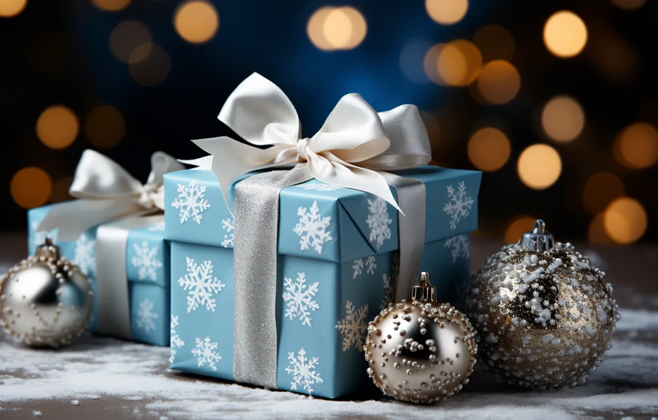 Photo wallpaper winter, snow, decoration, snowflakes, gift, balls, new year, Christmas