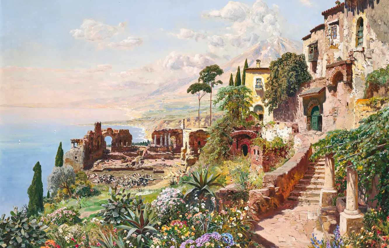 Photo wallpaper trees, flowers, mountains, coast, home, picture, Alois Arnegger, Austrian painter